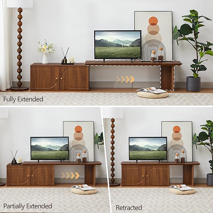 Extendable TV Stand, Wood TV Media Console with 2 Doors Entertainment Center Storage Cabinet Adjustable Shelves for Living Room Bedroom, Walnut