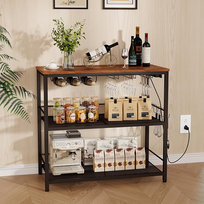 Kitchen Island with 3 Shelves, Kitchen Island with Power Outlet, Kitchens Storage Rack with 4 S Hooks, Microwave Stand Coffee Bar Station for Dining Room, Rustic Brown and Black KIHR91E01