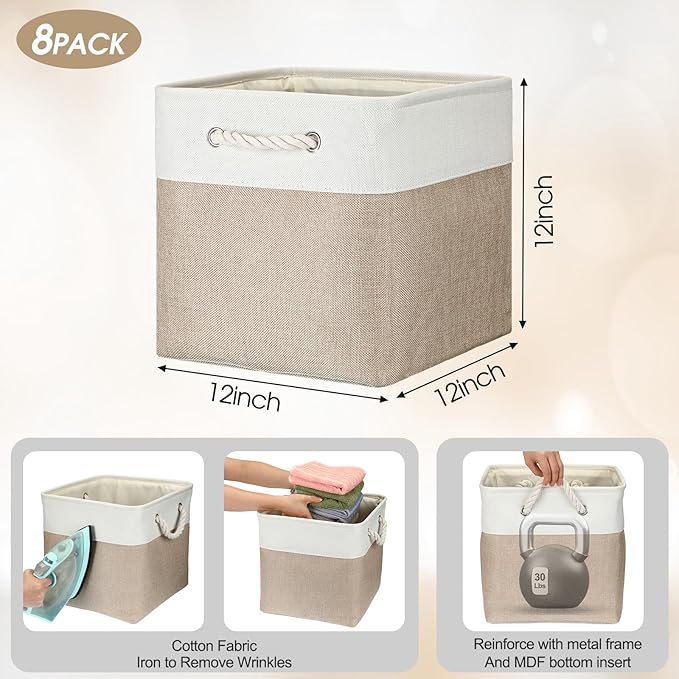 meekoo 8 Pack Collapsible Storage Bins Fabric Storage Bins Polyester Fabric Baskets with Handles Linen Closet Organizer for Shelf Home Closet Towels Toys(12 x 12 x 12 in,Beige)
