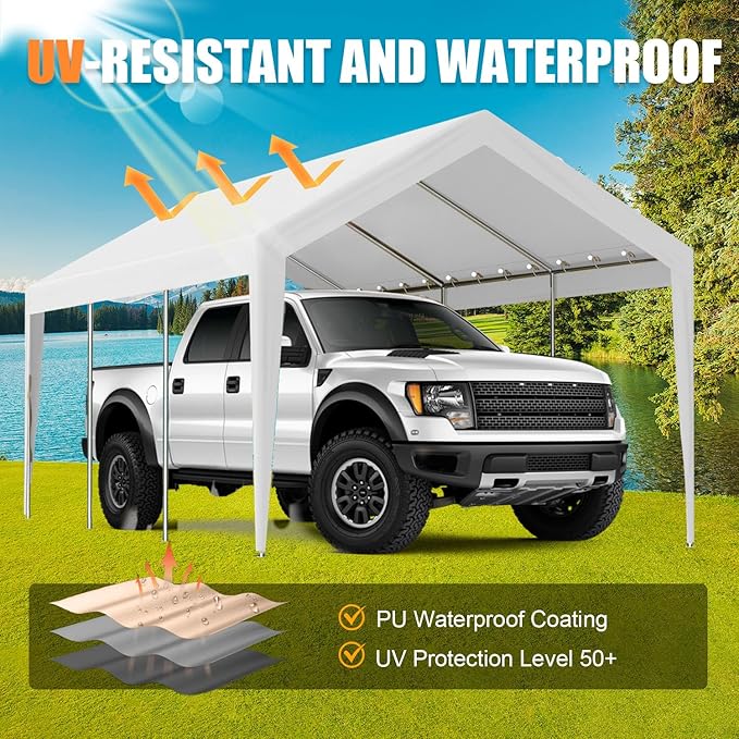 10'x20' Canopy Replacement Cover, Beefull Carport Replacement Canopy for Car Garage, Waterproof & UV Protected Tarp with Ball Bungees, White (Frame is not Included)