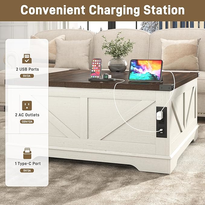 40” Large Farmhouse Lift Top Coffee Table with Power Outlets and Large Hidden Storage, Square Wood Living Room Tables, Multi-Function Lift Wooden Barn Door Center Table, Rustic White