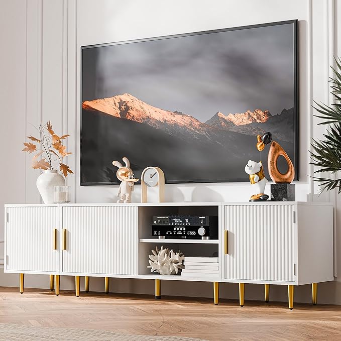 Cozy Castle 75" Modern Fluted Stand for TV up to 80", Mid Century Entertainment Center with Storage and Open Shelves, Media Console for Living Room, Bedroom, White