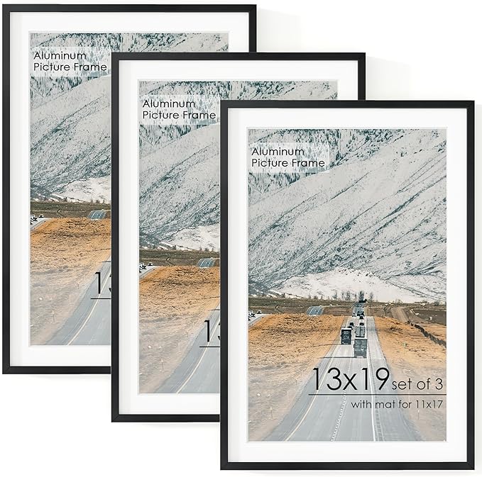 13x19 Metal Picture Frame for Wall With Mat for 11x17, 13''x19'' Aluminum Photo Frames With Tempered Glass for Home Decor, Minimalist Modern Poster Frame Horizontal And Vertical Formats, 3 PCs, Black