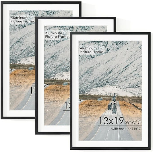 13x19 Metal Picture Frame for Wall With Mat for 11x17, 13''x19'' Aluminum Photo Frames With Tempered Glass for Home Decor, Minimalist Modern Poster Frame Horizontal And Vertical Formats, 3 PCs, Black