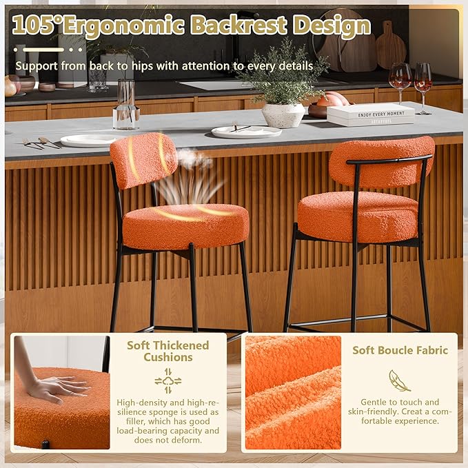 DYHOME Bar Stools Set of 3, 24 Inches Modern Counter Height Bar Stools with Curved Back Metal Legs, Orange Upholstered Boucle Barstools for Kitchen Island, Cafe