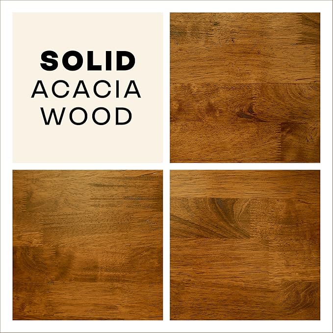 Acacia Kaylin Bed Frame with Headboard Solid Wood Platform Bed, Queen Bed Frame, Themed Headboard Wood Bed Compatible with All Mattress Types, No Box Spring Needed, Quick & Easy Assembly, Caramel.