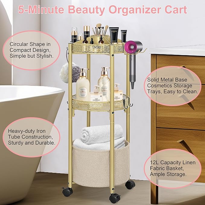 3-Tier Rolling Makeup Organizer Cart with Hair Dryer Holder - Salon-Grade Cosmetic Organizer, Mobile Bathroom Storage Cart for Skincare, Makeup Essentials -Locking Wheels (Gold Finish)