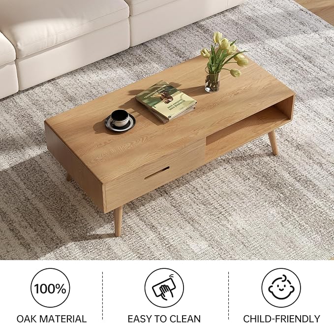 100% Solid Wood Coffee Table for Living Room, 39.37'' W Mid-Century Modern Coffee Table with Storage Shelf and 2 Drawers, Oak Coffee Tables for Home (Original Wood Color)