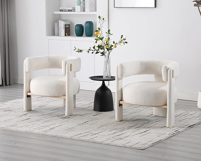 White Boucle Barrel Accent Chair, Comfy Upholstered Living Room Chair Mid-Century Modern Reading Chair with Open Back Round Corner Armchair, Side Sitting Lounge Chair for Bedroom/Office