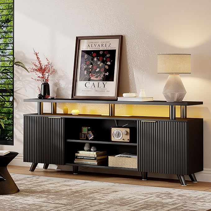 Lulive Modern TV Stand for 55/60/65/70 inch Television, Entertainment Center with Wooden Storage Cabinets and Power Outlet, Black Media Console for Living Room Bedroom (Black)