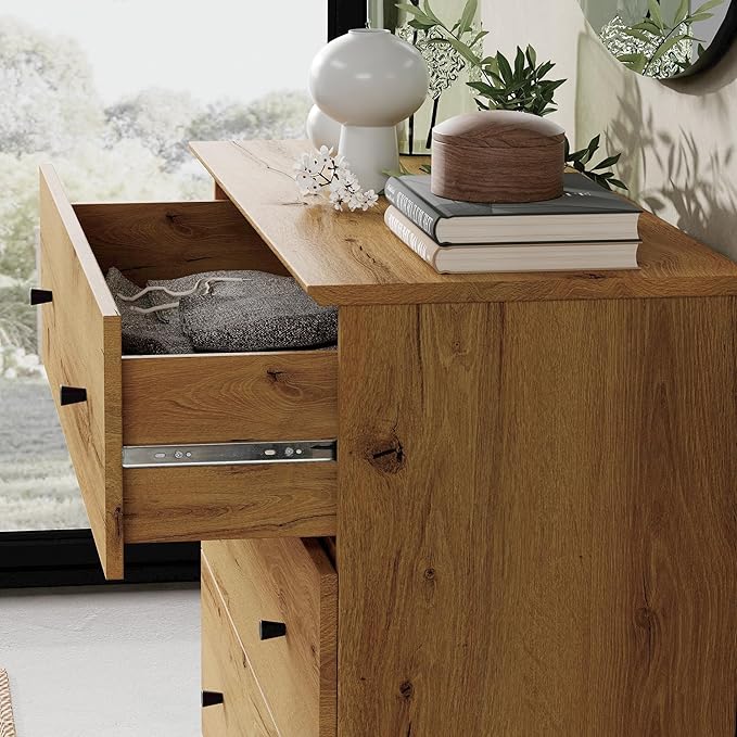 WAMPAT TV Stand Dresser for 32+ Inches TVs, Wood Media Console Table with 3 Drawers, Modern Highboy Entertainment Center with Storage for Living Room Bedroom, Oak Brown