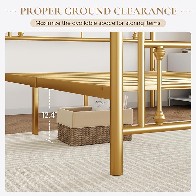 SHA CERLIN 14 Inches King Size Metal Platform Bed Frame/Vintage Iron-Art Headboard and Footboard/Mattress Foundation for Storage/No Box Spring Needed/Noise-Free/Easy Assembly/Gold