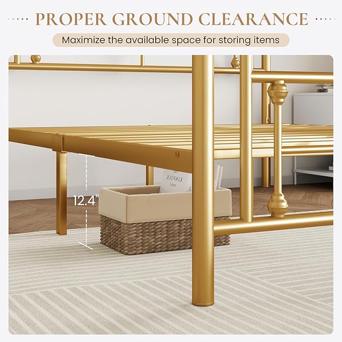SHA CERLIN 14 Inches Full Size Metal Platform Bed Frame/Vintage Iron-Art Headboard and Footboard/Mattress Foundation for Storage/No Box Spring Needed/Noise-Free/Easy Assembly/Gold