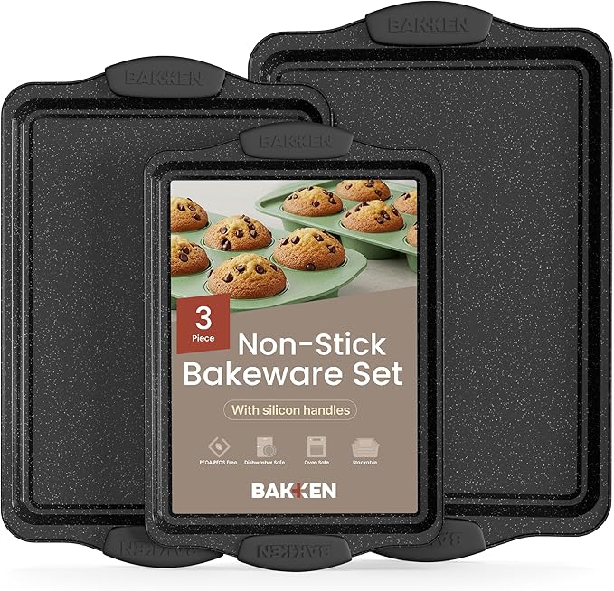 BAKKEN Cookie Sheets for Baking Nonstick Set - 3-Piece Stackable Carbon Steel Baking Sheet Pans Set with Silicone Handles, Non Toxic Cookie Sheets for Baking Bakeware Set - Gray Marble