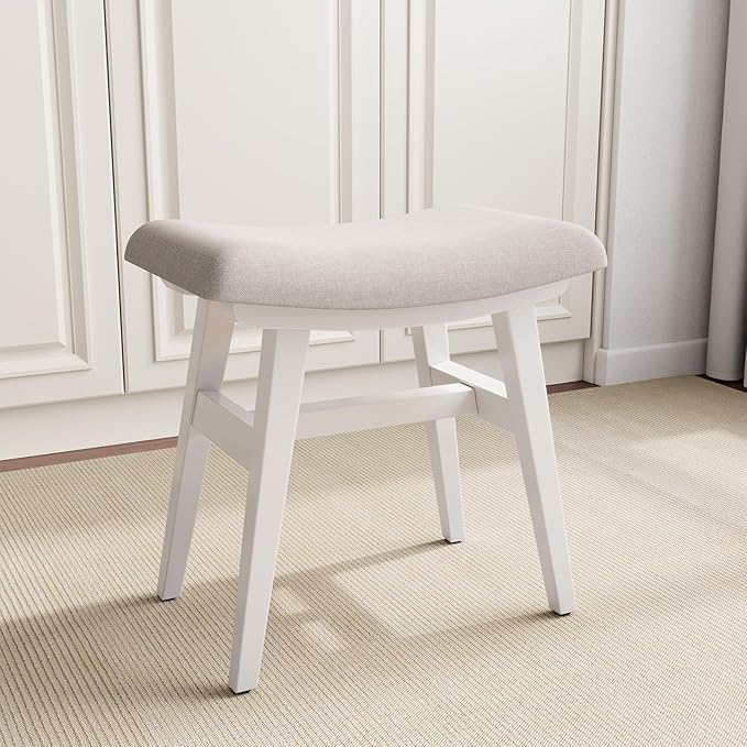 Solid Wood Small Vanity Stool, Compact Makeup Chair with Saddle Cushion, Linen-Covered High Rebound Sponge Seat, Easy Assembly Footstool for Bedroom, Entryway, Home, White