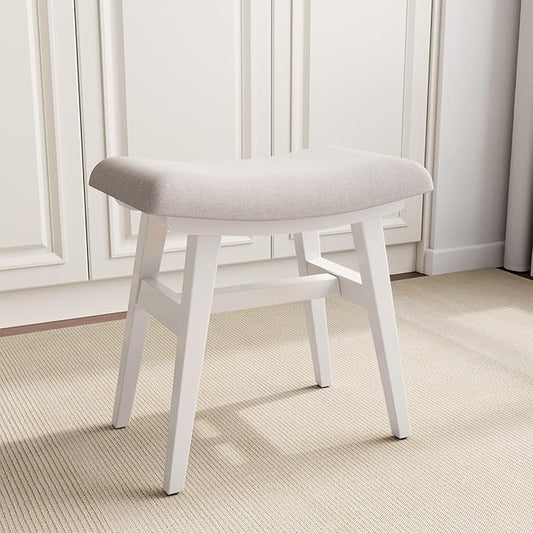 Solid Wood Small Vanity Stool, Compact Makeup Chair with Saddle Cushion, Linen-Covered High Rebound Sponge Seat, Easy Assembly Footstool for Bedroom, Entryway, Home, White