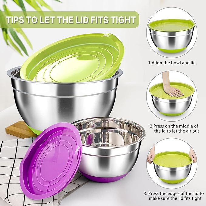 TeamFar Mixing Bowls Set of 7, Stainless Steel Mixing Bowls with Lids for Baking Mixing Prepping, Salad Bowl with Air-tight Lid & Silicone Bottom - 4.6/3.5/2.6/2 / 1.5/1 / 0.7 Qt