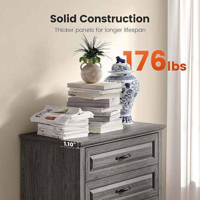 Amada 5 Farmhouse Dresser for Bedroom with Wood Drawers, Anti-Tip Design for Safety and Stability, Large Drawers, Rustic Farmhouse Chest of Drawers for Bedroom, Hallway, Gray