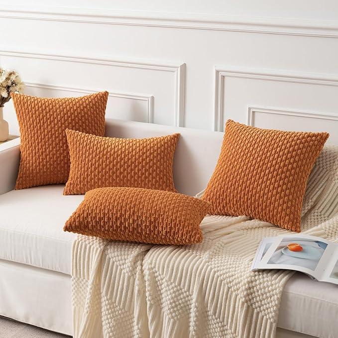 Kevin Textile Fall Throw Pillow Covers Soft Corduroy Decorative Set of 2 Boho Striped Pillow Covers Pillowcases Farmhouse Home Decor for Couch Bed Sofa Living Room 26x26 Inch Orange Yellow