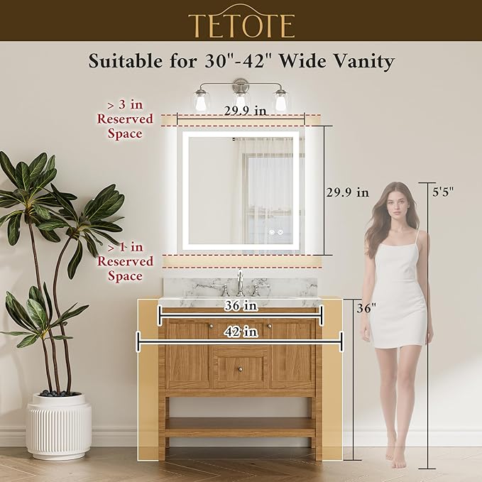 TETOTE 30 x 30 Inch LED Bathroom Mirror with Frontlit and Backlit, Brighter Light up Bathroom Vanity Mirror with Lights, 3-Color Dimmable Illuminated Anti Fog Mirror Wall Mounted, Waterproof