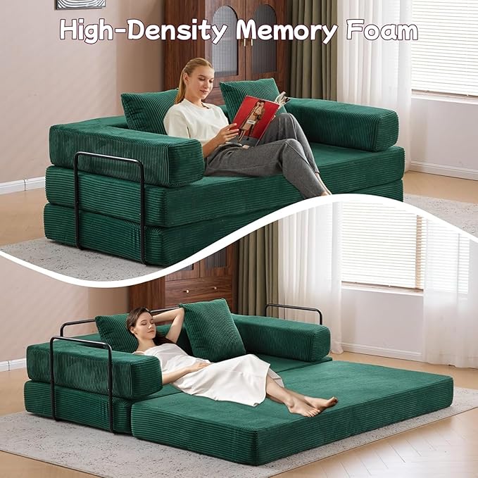 Convertible Sofa Bed, Compression Futon Sofa with Pillows & Armrest, Foldable Mattress Couch with Fixed-Shape Frame, Comfy Couch Lounge Sleeper Bed for Living Room Bedroom, Green
