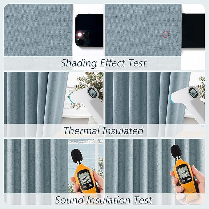 Guken Blue Linen Blackout Curtains 94 Inch Length 2 Panels Set for Living Room Bedroom Back Tab Thermal Insulated 100% Black Out Linen Drapes Room Darkening Window Curtains 94 Inches Long Dusty Blue