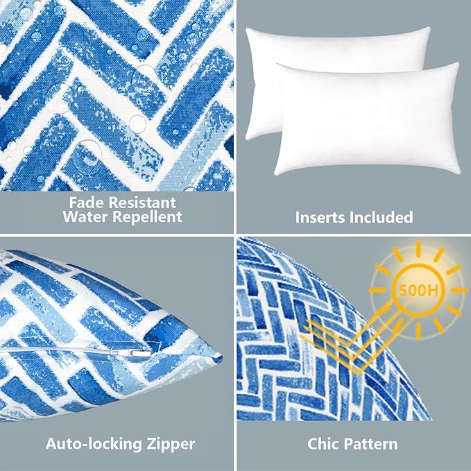 LVTXIII Set of 2 Patio Lumbar Pillows, 12”x20” Fade Resistant Outdoor Lumbar Pillow with Inners, Fluffy Decorative Garden Lumbar Cushions for Home Patio Coach Sofa Use, Blue Brick
