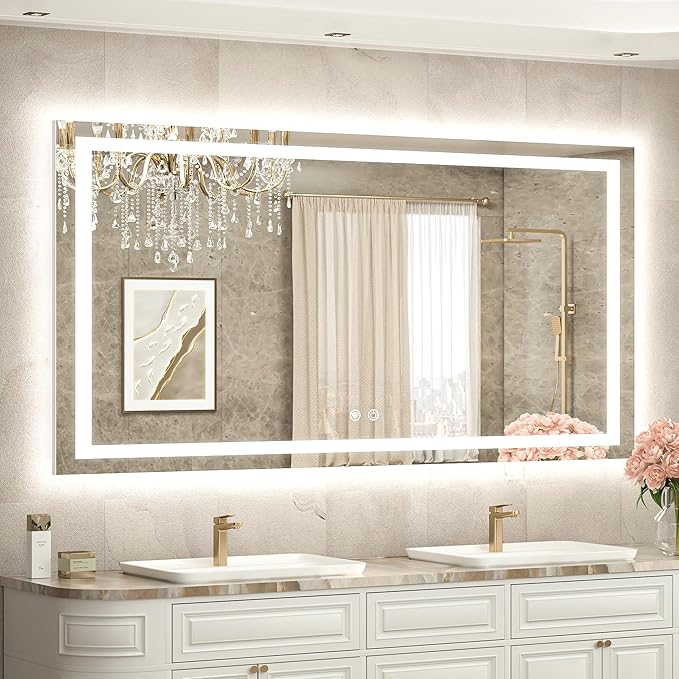 TETOTE 55 x 30 LED Bathroom Mirror with Frontlit and Backlit, Brighter Light up Bathroom Vanity Mirror with Lights, 3-Color Dimmable Lighted Vanity Anti Fog Mirror, Waterproof, Shatterproof