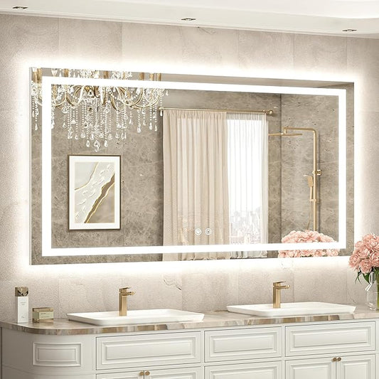 TETOTE 55 x 30 LED Bathroom Mirror with Frontlit and Backlit, Brighter Light up Bathroom Vanity Mirror with Lights, 3-Color Dimmable Lighted Vanity Anti Fog Mirror, Waterproof, Shatterproof