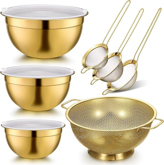 Baderke 7 Pcs Gold Kitchen Accessories Includes Stainless Steel Colander with Handles, 3 Gold Mixing Bowls with Airtight Lids and 3 Fine Mesh Strainer(Colander: 3 Qt, Mixing Bowls: 0.8/1/1.5 Qt)