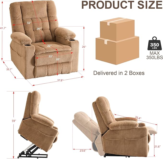 SALOHZA Power Lift Recliner Chair for Elderly with Massage and Heat for Living Room, Electric Recliner Chair for Adults with USB/Type C Port/Cup Holders, Velvet Fabric, Beige