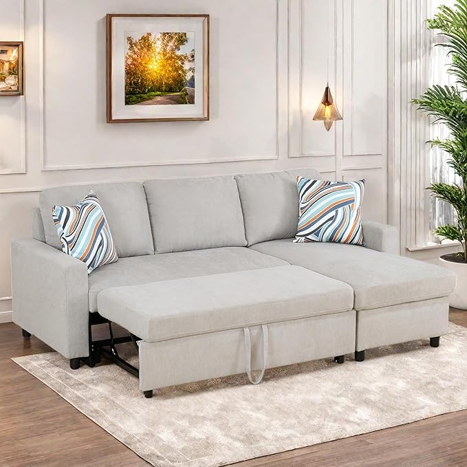 Sofa Bed Pull Out Couch, Convertible L Shaped Sleeper Sofa with Storage Chaise, Modern Lounge Small Sectional Couches for Living Room Small Spaces, Grey