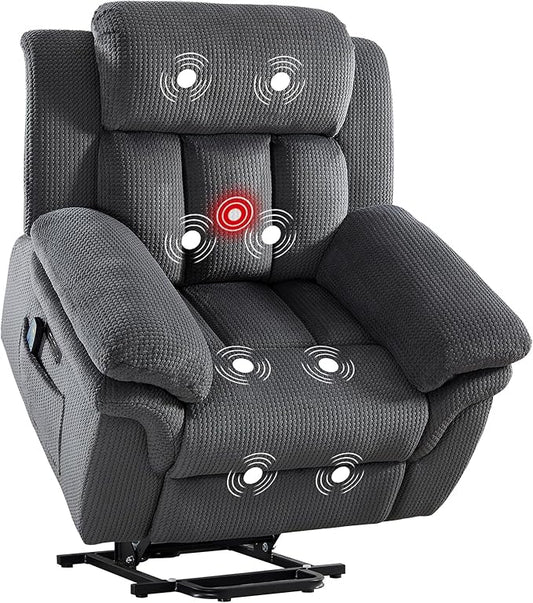 Phoenix Home Oversize Power Lift Recliner Chair with Heat & Massage for Elderly, Extra Large Electric Chair for Adult, Recliners for Living Room,2 Side Pockets, USB and Type-C Port, Dark Grey