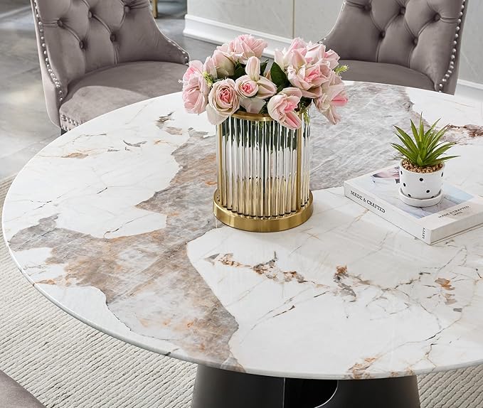 3-Piece Faux Marble Round Dining Table Set for 2, Modern Luxury Kitchen Table Set for 2 with Beige Tufted Chairs,Circle Dining Tables with Pandora Grain Top and Black Pedestal Base