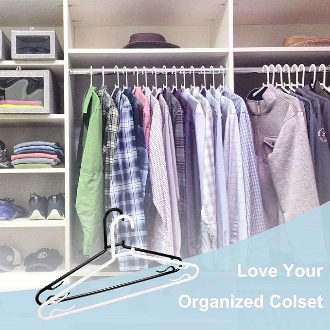 Plastic White Hangers 50 Pack, Light Weight Durable Clothes Hangers G-Shape Hangers Standard Size Ideal for Tank T-Shirts Dresses Jackets Suits Blouses Ties Leggings