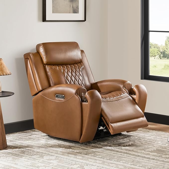 CHITA Genuine Leather Recliner Chair for Adults with Adjustable Power Headrest, Lay Flat Power Recliner with Slide-Out Cupholders & USB/Type-C Ports, Living Room Chair, Saddle