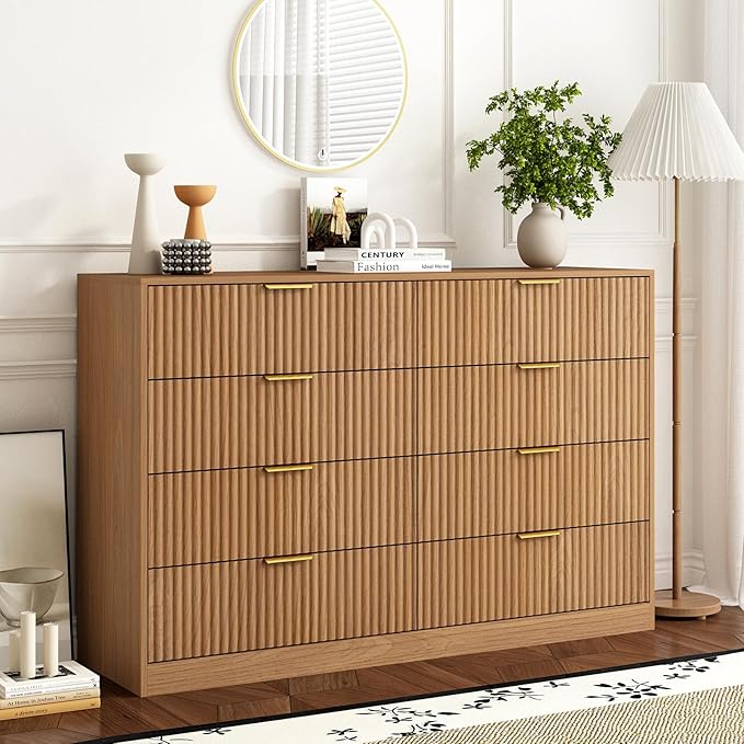8 Drawer Dresser for Bedroom, Modern Fluted Double Dresser, 55" Wide Chest of Dressers, Mid Century Wooden Beside Table for Closet, Living Room and Entryway, Natural