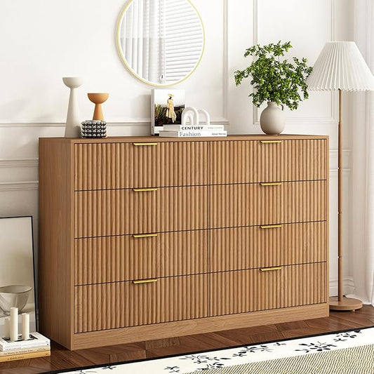 8 Drawer Dresser for Bedroom, Modern Fluted Double Dresser, 55" Wide Chest of Dressers, Mid Century Wooden Beside Table for Closet, Living Room and Entryway, Natural