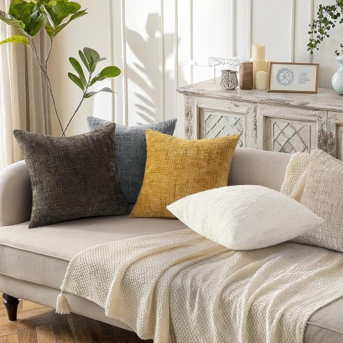 decorUhome Mustard Yellow Chenille Throw Pillow Covers 18x18 Set of 2 Thick Textured Slubby Couch Pillow Covers Farmhouse Accent Modern Neutral Decorative Pillow Cases for Bed Sofa Living Room