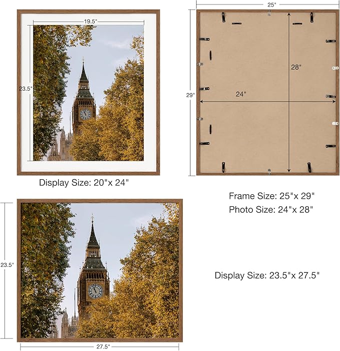 Axeman 24x28 Frame | Solid Oak Wood 24x28 Frame With Mat for 20x24 | 24x28 Picture Frame Wood Poster Frame | Tempered Glass and Hanging Hardware Included Home Wall Decor Art Hanging Frame | Walnut