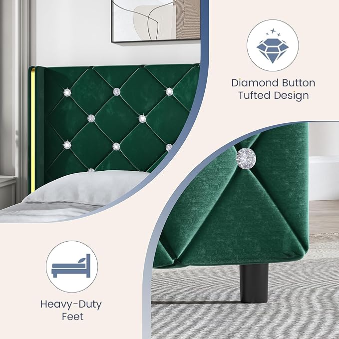 HOMBCK Full Bed Frame with Headboard, Velvet Upholstered Bed with Diamond Tufted Design, Mordern Bed Frame with Wingback and Wooden Slats Suppor, No Box Spring Required, Easy Assembly, Green