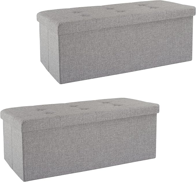 Lavish Home Set of 2 Ottomans - 30-Inch Tufted Footrest, Linen Chest, or Bench Set with Removable Bin for Living Room, Bedroom, or Dorm (Light Gray)