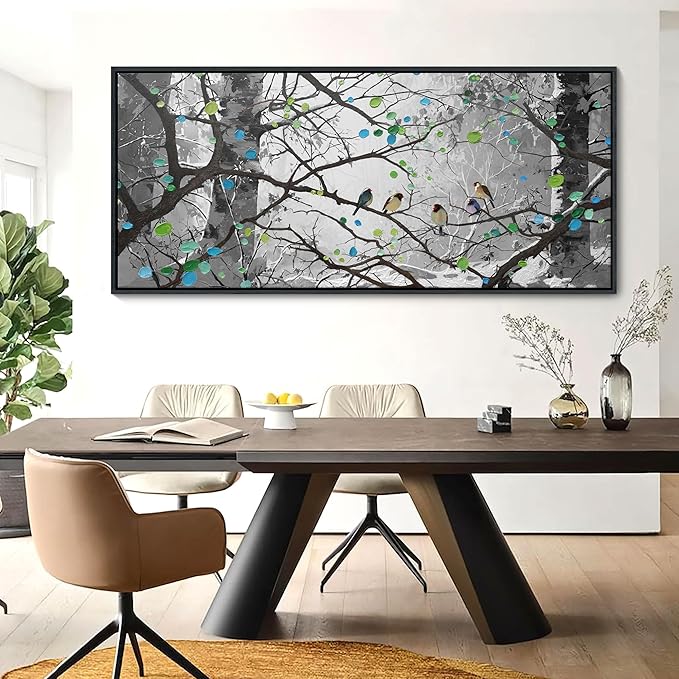 YCPRIMER Grey Wall Art Bird on Branch Misty Forest Canvas Artwork Modern Framed Canvas Painting Decorative Wall Art Home Decor Can Be Hung Directly Dining Room Living Room Bedroom Office Size 70x31 Inches