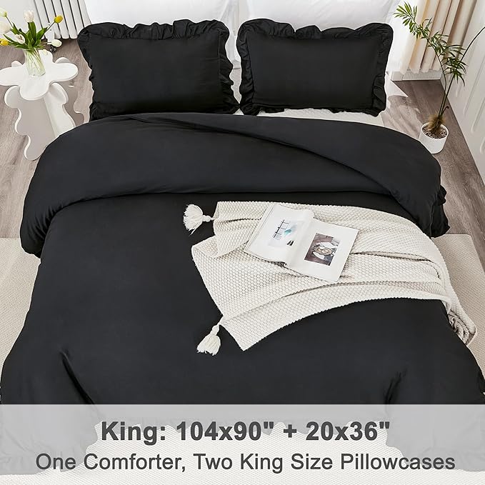 Litanika Black King Size Comforter Set, 3 Pieces Ruffle Farmhouse Aesthetic Bedding Comforter Set, All Season Soft Lightweight Fluffy Microfiber Bed Set(104x90In Comforter, 2 Pillowcases)