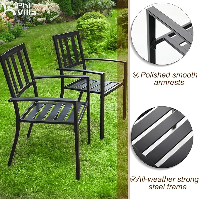 PHI VILLA 9 Pieces Outdoor Dining Set for 8, 60” Wood-Like Large Square Metal Steel Dining Table & Stackable Iron Chairs, Dining Furniture Set for Patio, Deck, Yard, Porch