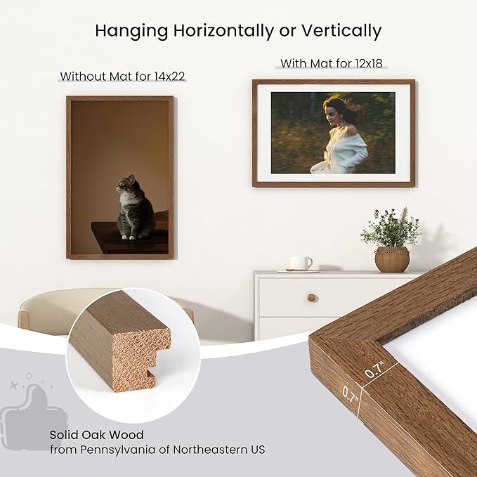 Axeman 14x22 Frame | Solid Oak Wood 14x22 Picture Frame With Mat for 12x18 | 22x14 Wood Poster Frame | Tempered Glass and Hanging Hardware Included Home Wall Decor Art Hanging Frame | Walnut