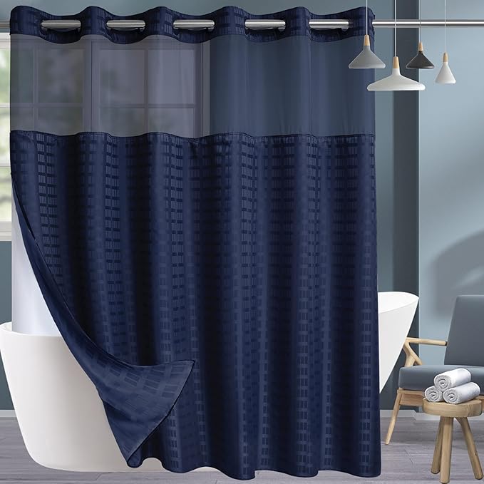 Conbo Mio Extra Wide No Hook Shower Curtain with Snap in Liner Set, 108" x 74" Hotel Luxury Navy Blue Shower Curtains for Bathroom with See Through Top Window, Waterproof, Washable 108W x 74H