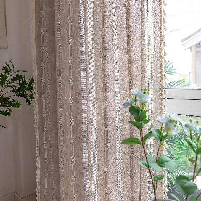 Linen Embroidery Striped Farmhouse Curtains for Living Room and Bedroom - Light Filtering Tassel Boho Drapes 2 Panels Set - Rod Pocket (52" W x 96" L, Khaki)