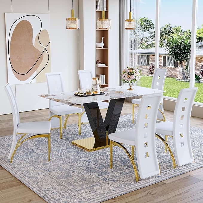 71'' Dining Table Set for 6,Modern Dining Room Table Set for 6,Marble Dining Table with 6 PU Leather Dining Chairs,Gold Dining Room Table with Glossy V-Shaped Base Ideal for Kitchen