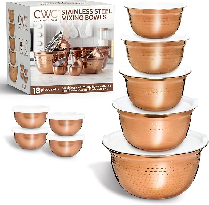 COOK WITH COLOR 18 Piece Mixing Bowls Set with Airtight Lids, Stainless Steel Bowl Organizers, Food Storage Containers, Meal Prep, Nesting Salad Bowls For Cooking, Baking, Kitchen, Copper - Hammered